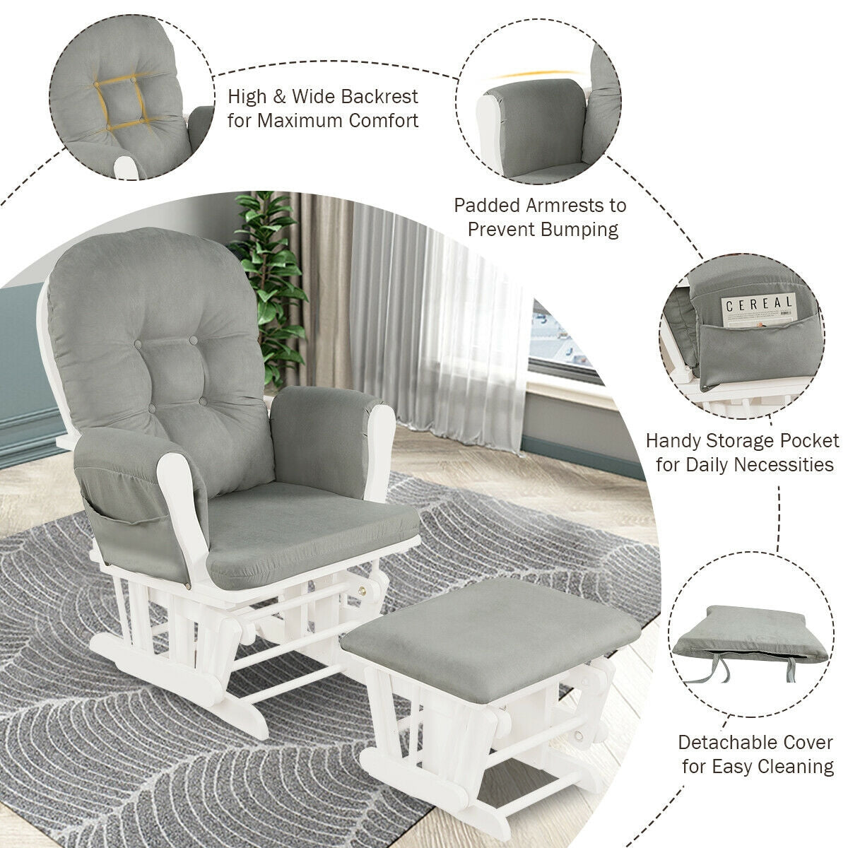 Wood Glider and Ottoman Set with Storage Pocket - Light Gray