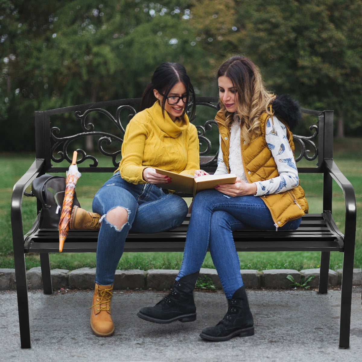50-Inch Patio Park Bench, Steel Frame & Cast Iron Backrest - Style 2