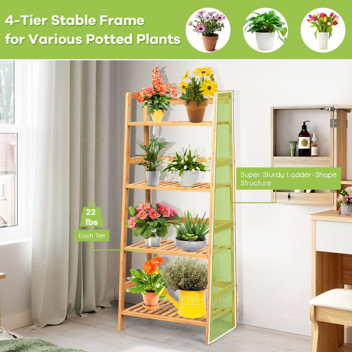 4-Tier Bamboo Plant Rack with Guardrails - Natural