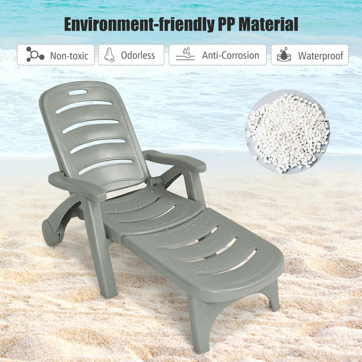 5-Position Adjustable Folding Chaise Lounge Chair with Wheels - Gray