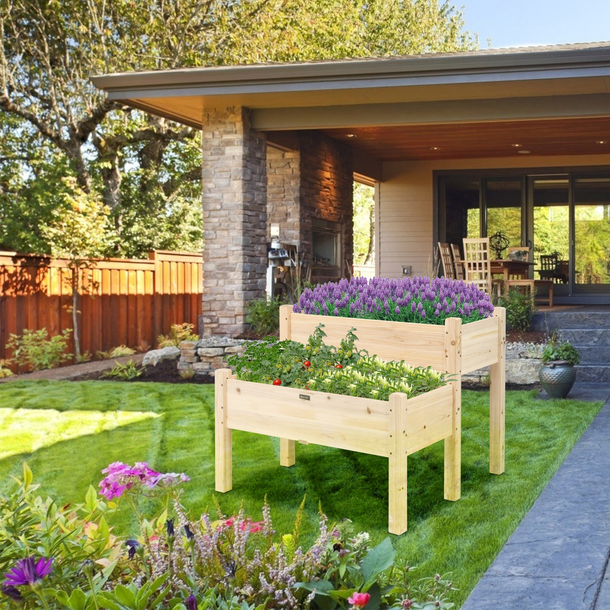 2 Tier Wooden Raised Garden Bed with Legs - Natural