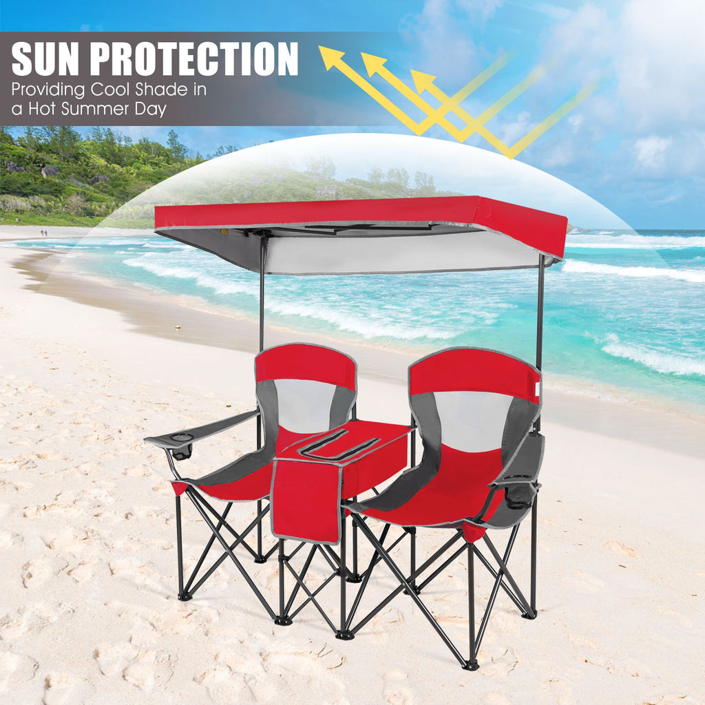 Portable Folding Camping Chair with Canopy & Cup Holder - Red