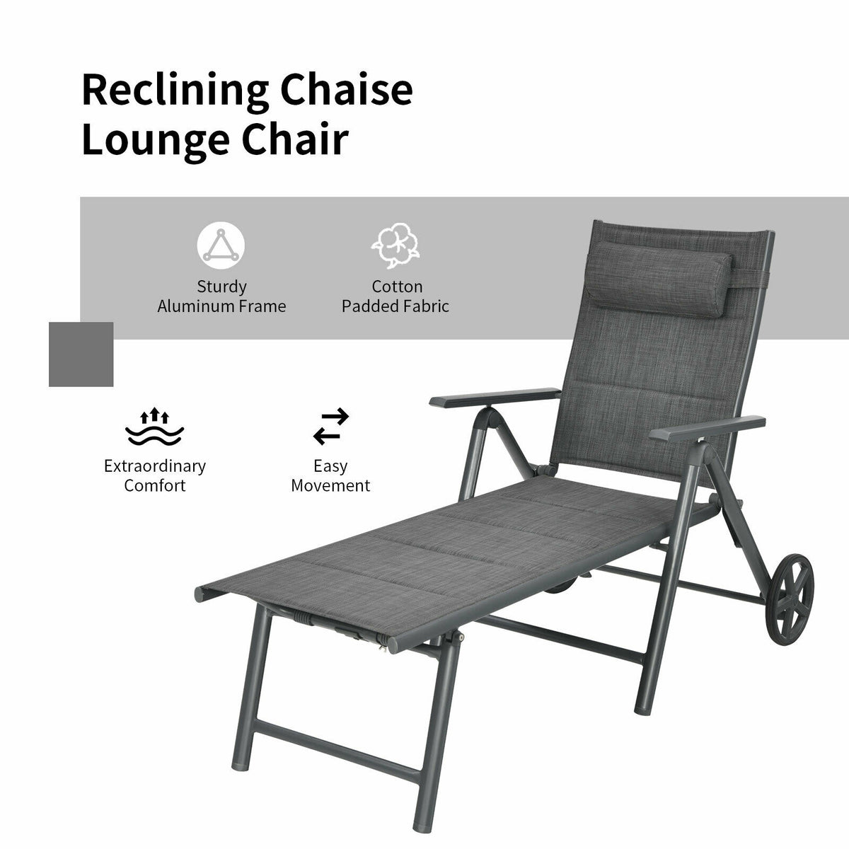 Patio Reclining Chaise Lounge with Adjustable Pillow - Gray