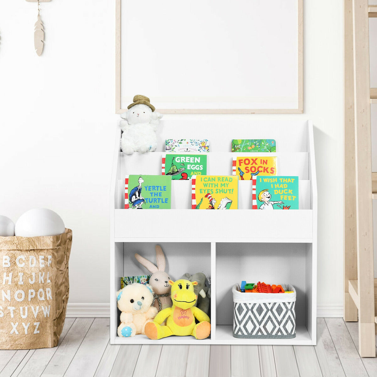 Kids Wooden Bookcase Toy Storage Cabinet - White, 3-Tier Organizer for Children