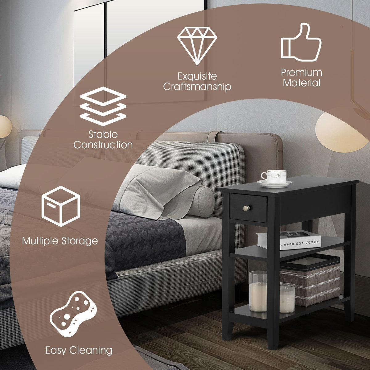 3-Tier End Table with Drawer & Shelves – Black