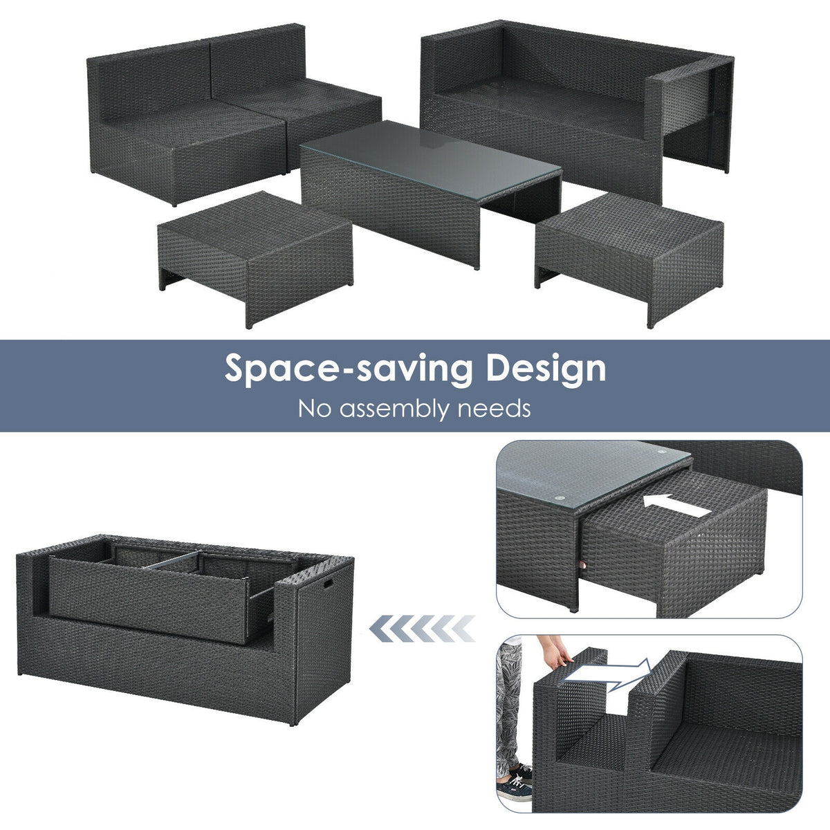 6-Piece Patio Rattan Furniture Set with Glass Table - Gray