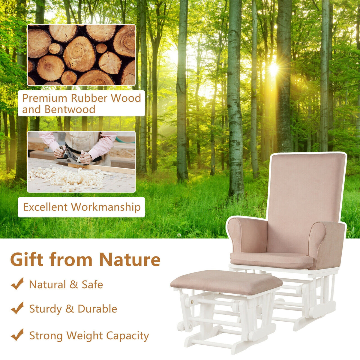 Nursery Glider Rocking Chair with Ottoman Set - Pink Rectangular Backrest