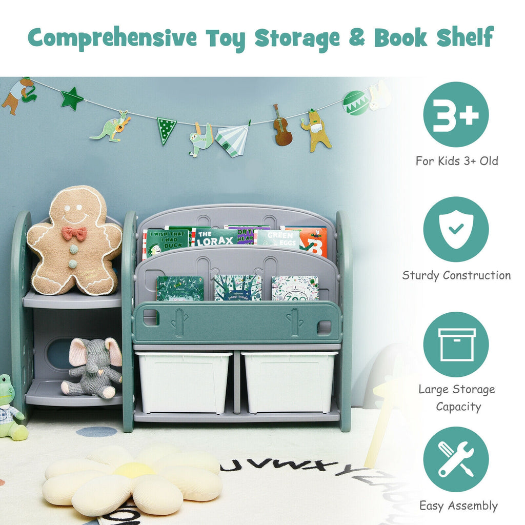 Kids Toy Storage Organizer with 2-Tier Bookshelf and Plastic Bins - Safe, Durable & Kid-Friendly