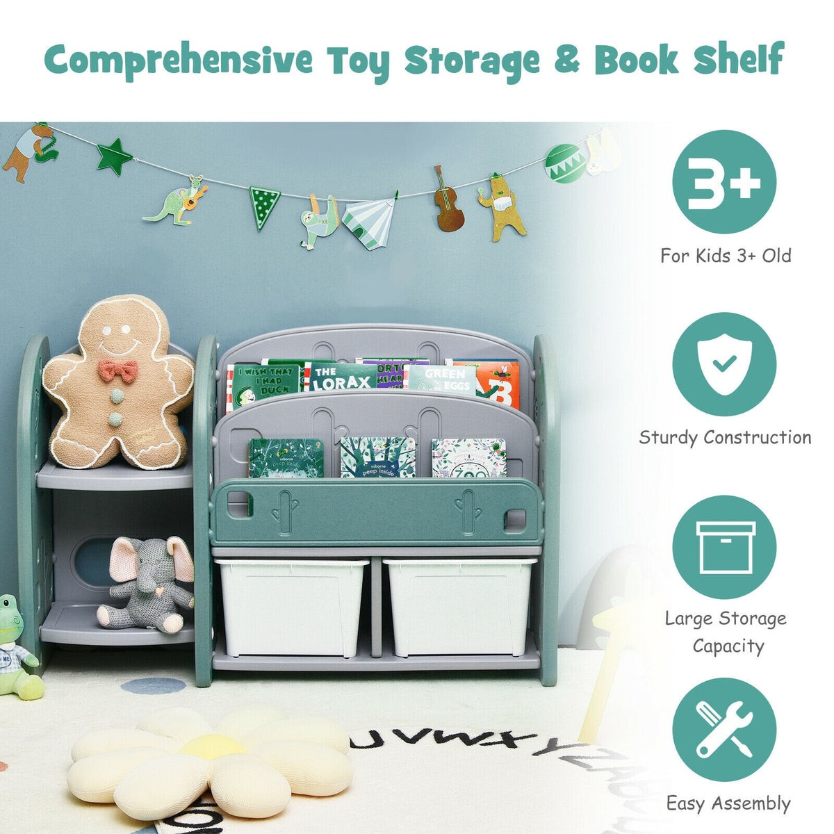 Kids Toy Storage Organizer with 2-Tier Bookshelf and Plastic Bins - Safe, Durable & Kid-Friendly