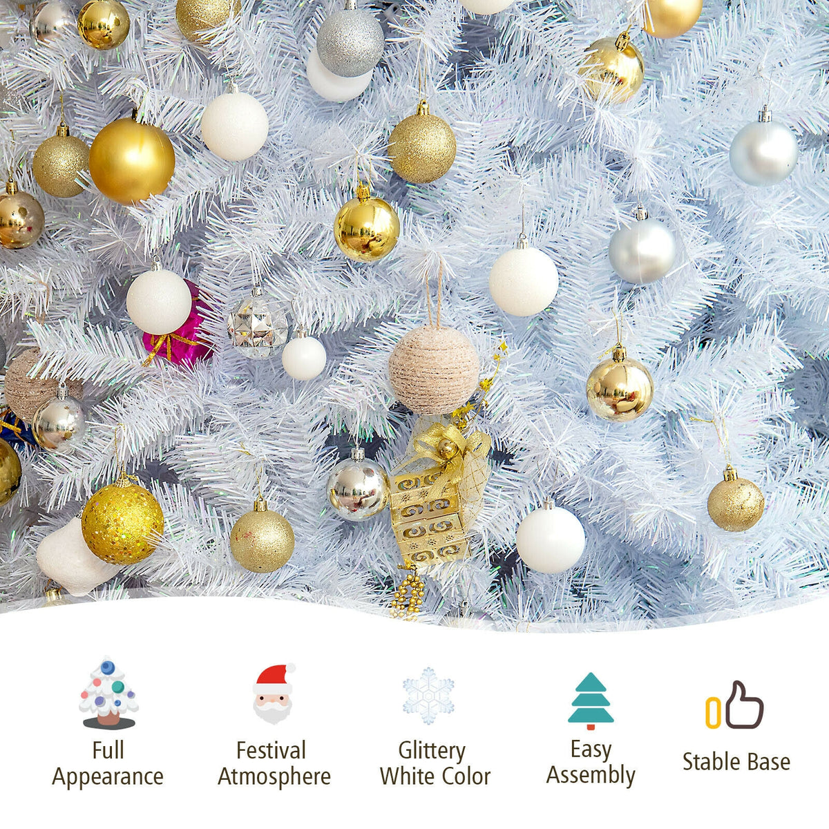 White 6 ft Artificial Christmas Tree with Iridescent Tips & Metal Stand - Foldable & Durable