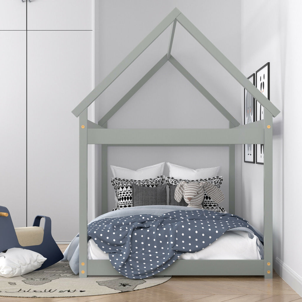 Twin Size Kids House Bed Frame with Roof - Gray