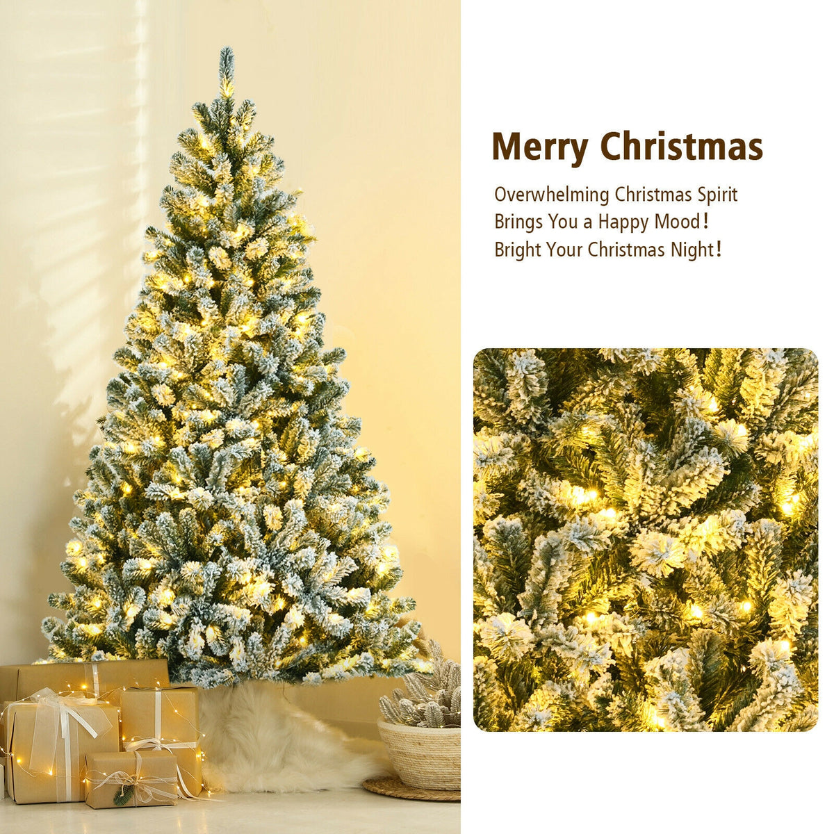 6 Ft Pre-lit Snow Flocked Christmas Tree with Metal Stand - Hinged Design