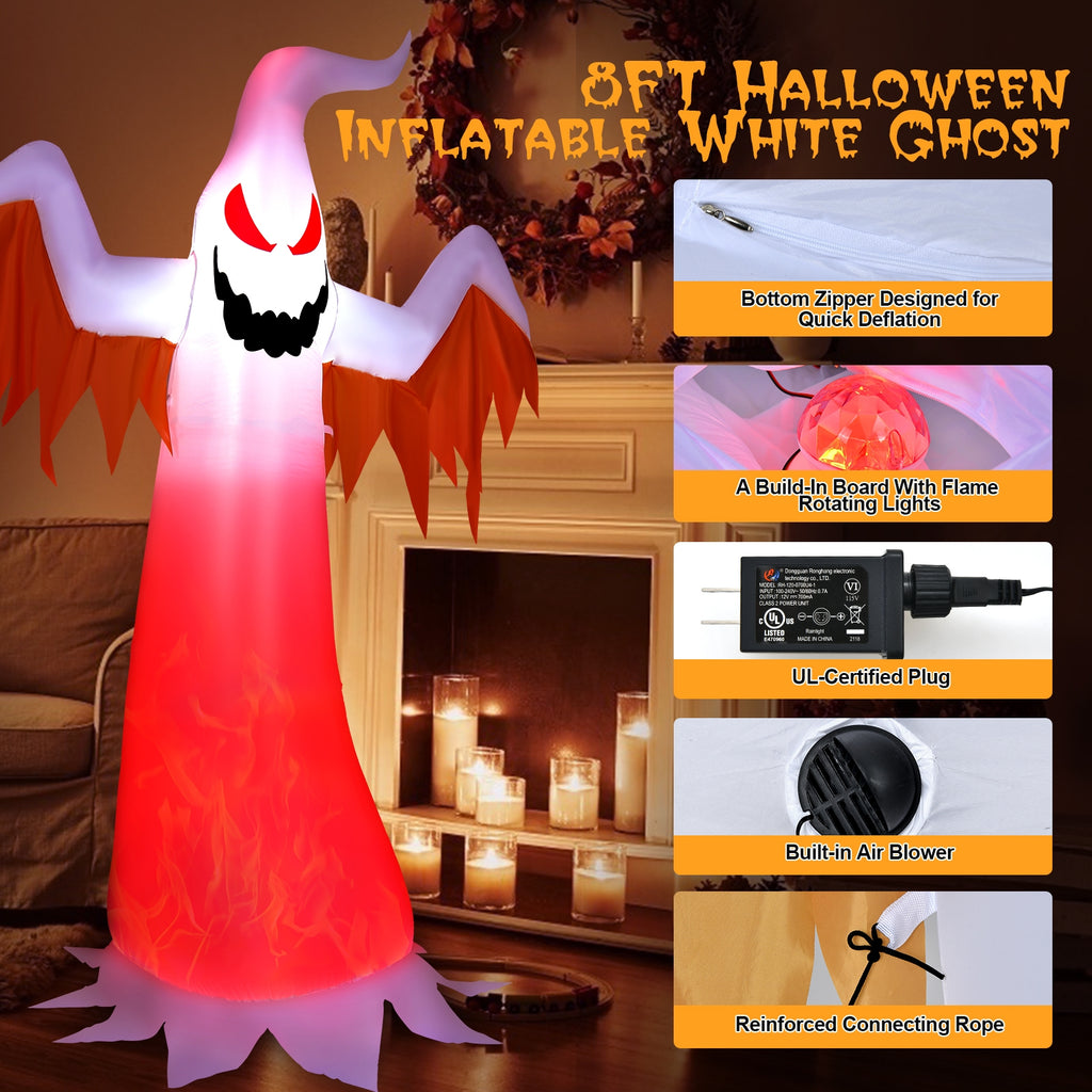 8ft Inflatable Ghost with Rotatable Flame LED Lights - Halloween Decor