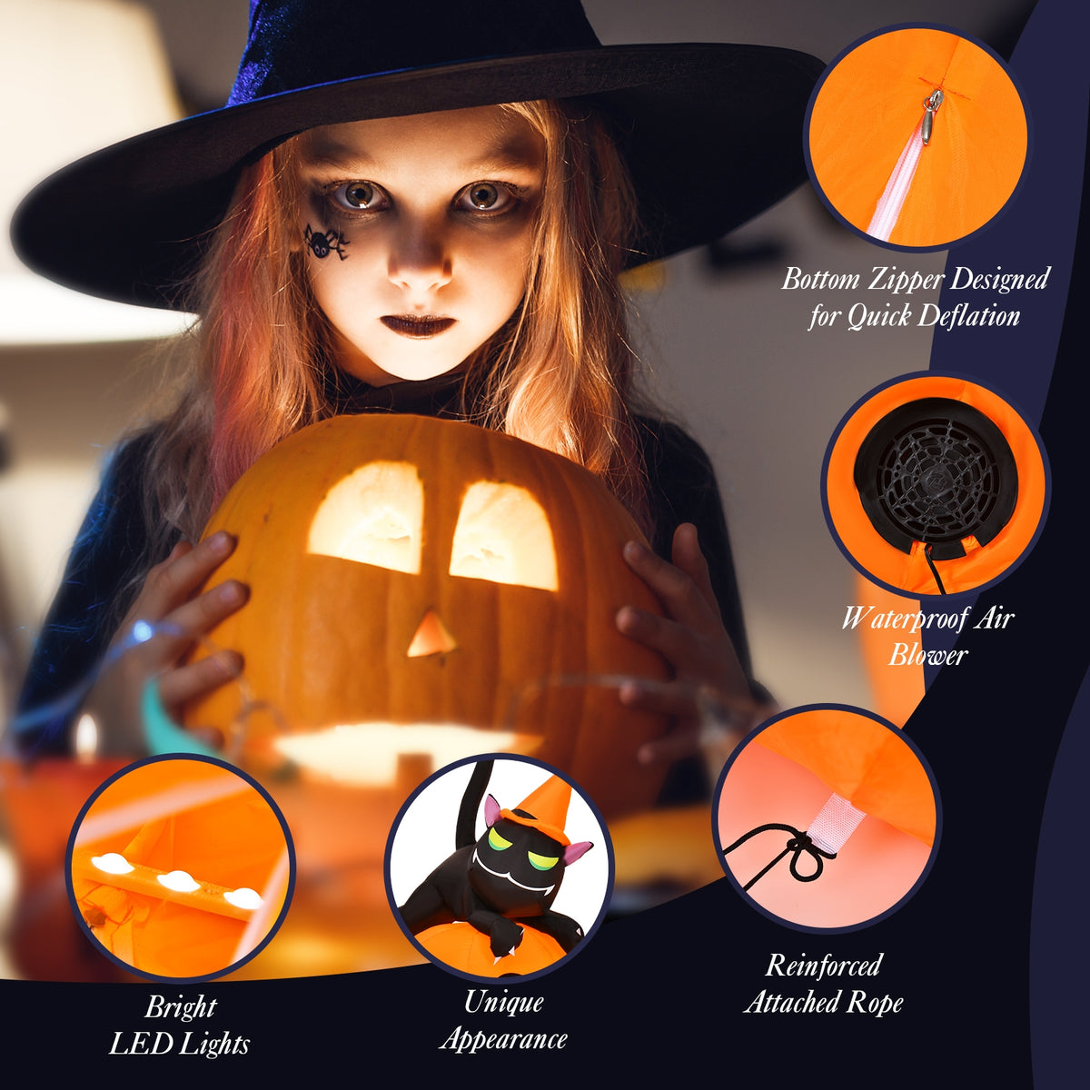 Halloween Inflatable Pumpkin Combo with Witch and Black Cat - 7.5 Feet, Includes Variation of 7 Pumpkins with Cat