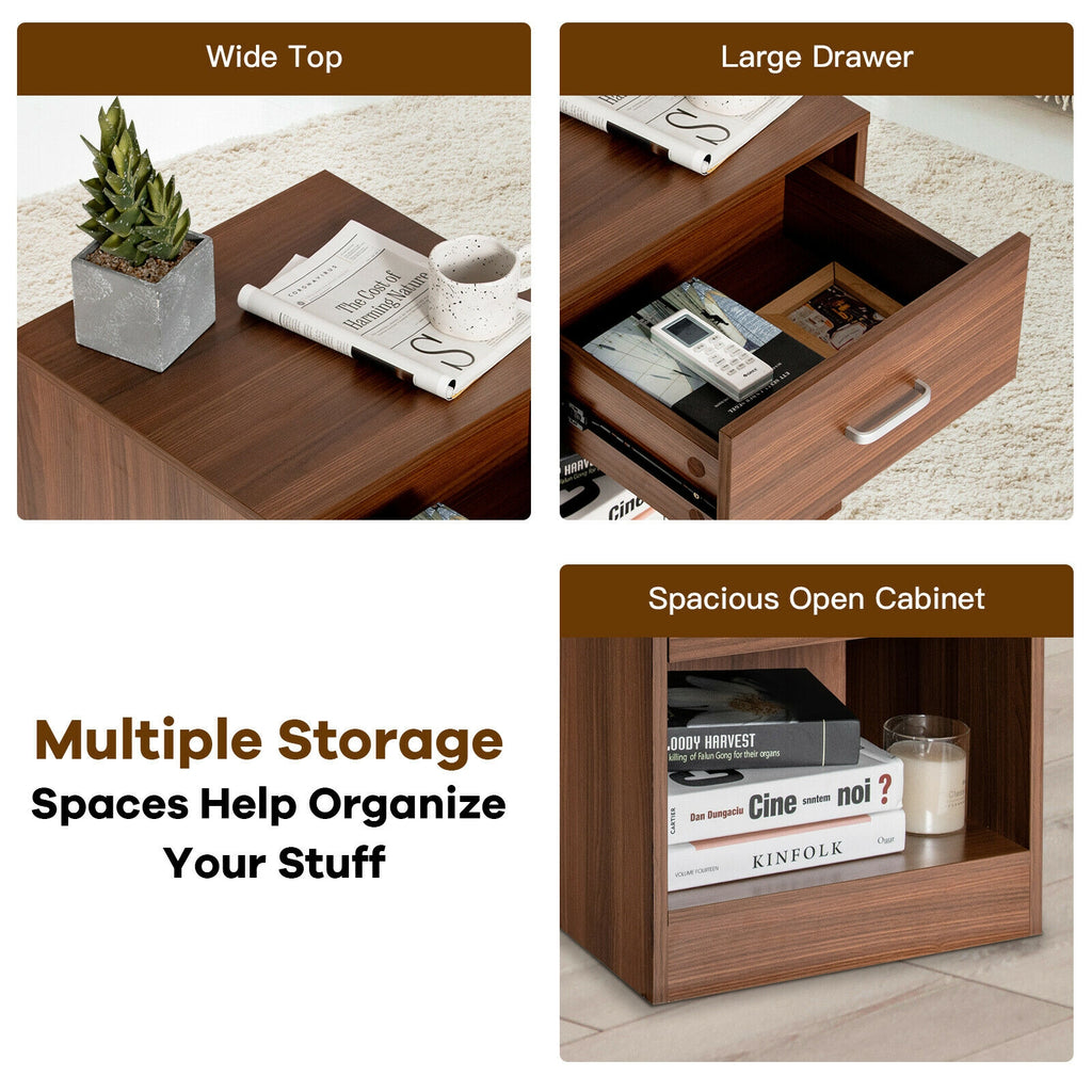 Modern Wooden Nightstand with Drawer and Open Storage - Brown