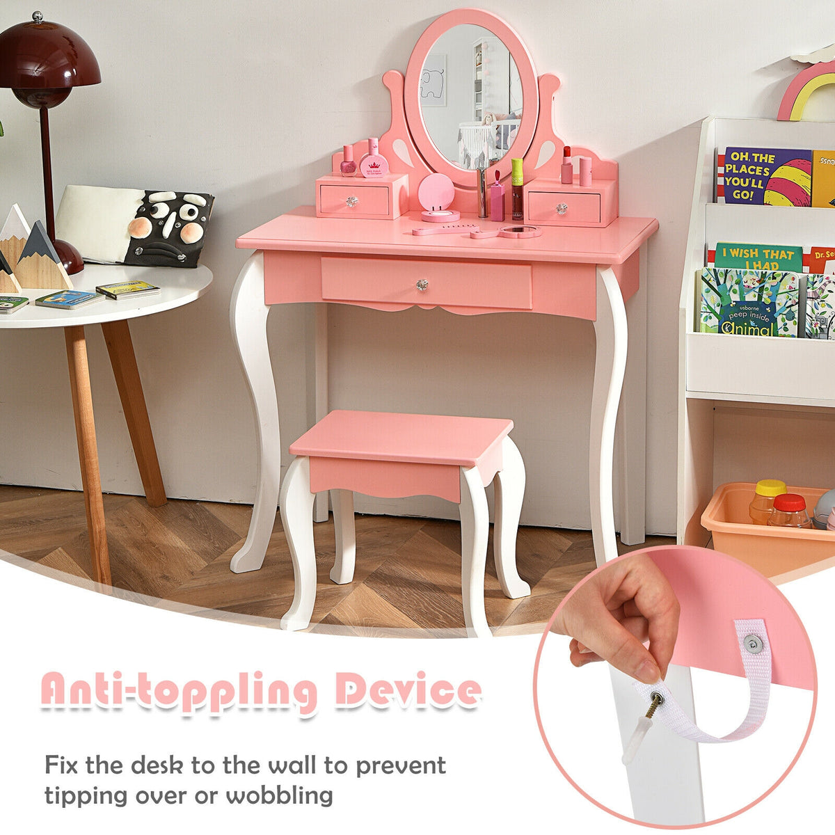 Kids Princess Makeup Dressing Vanity Set with Mirror and Drawer - Pink