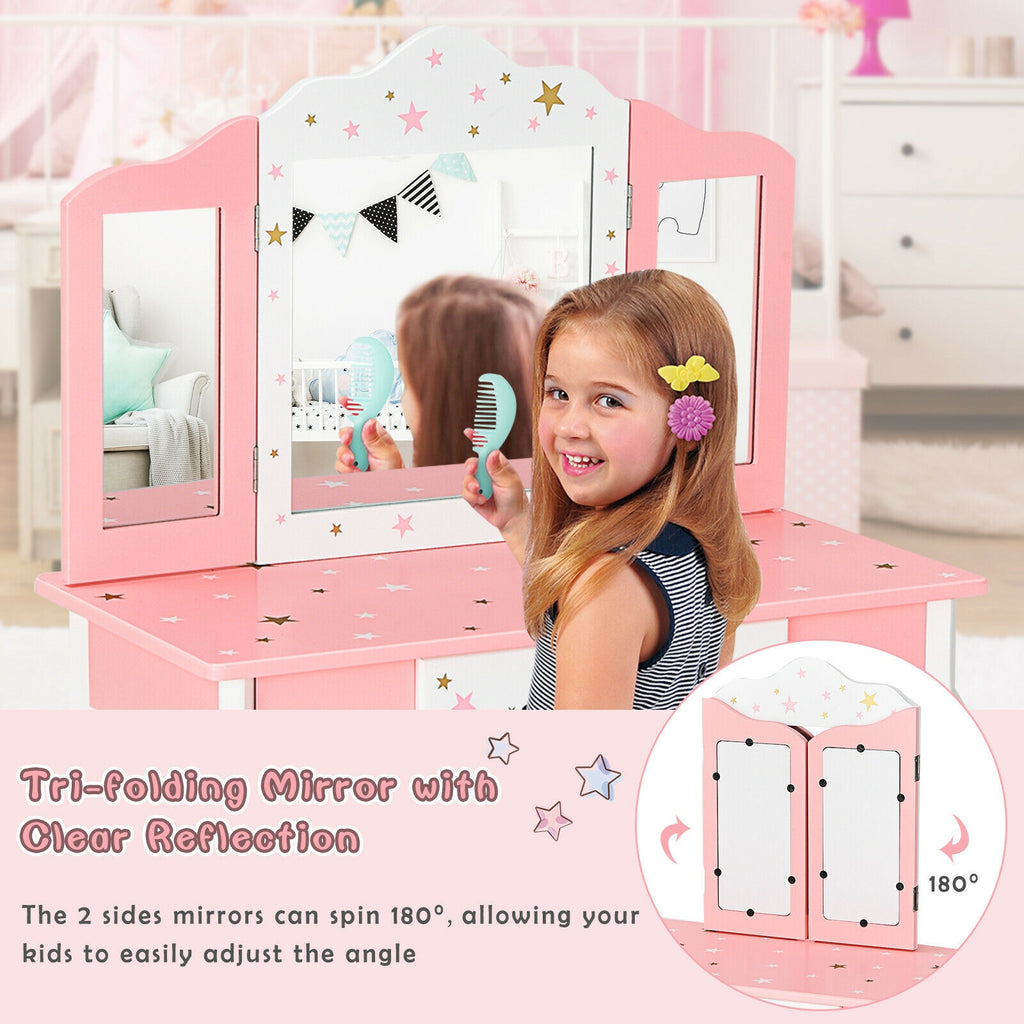 Kids Princess Vanity Table and Stool Set with Tri-Fold Mirror - Pink - Kids Bedroom Furniture