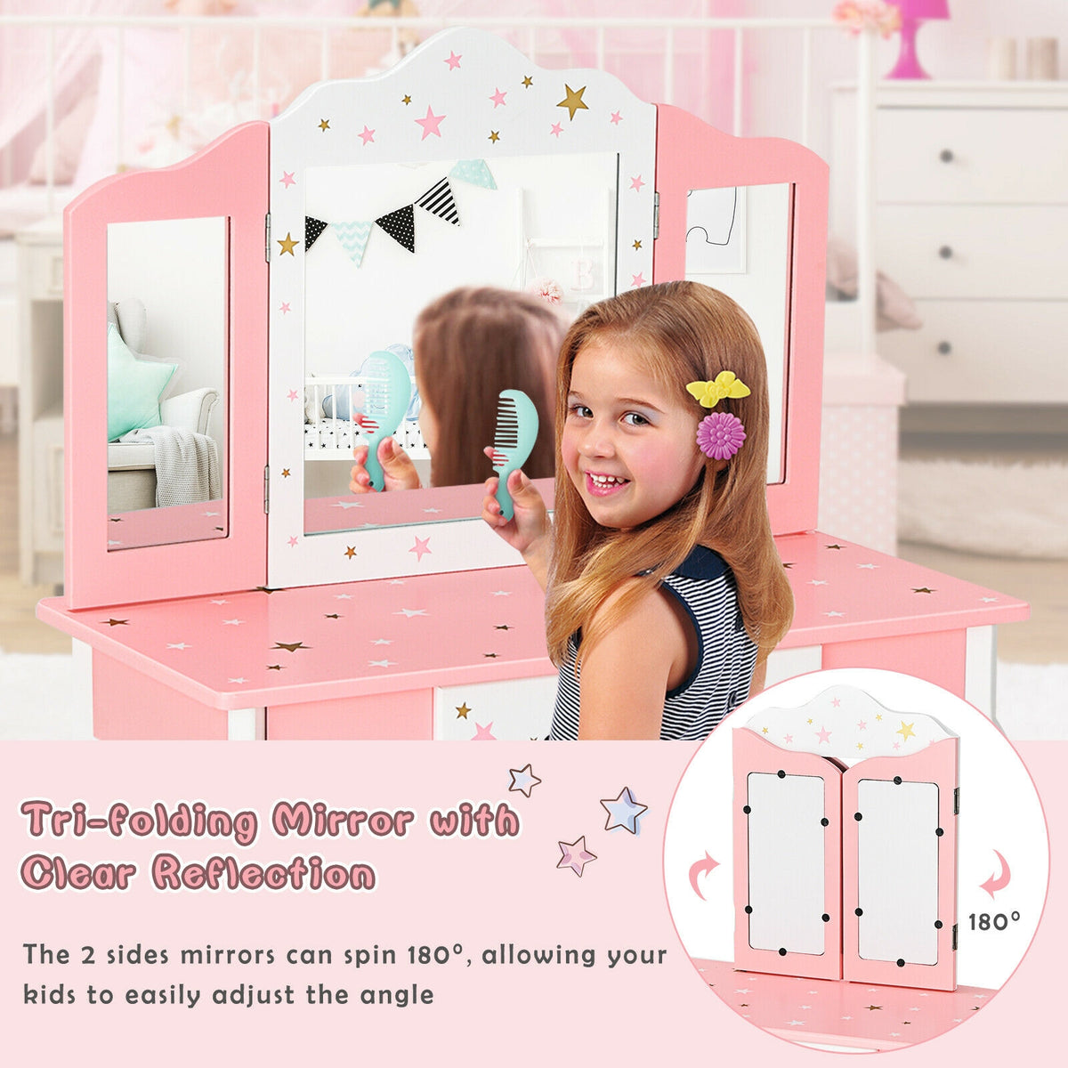 Kids Princess Vanity Table and Stool Set with Tri-Fold Mirror - Pink - Kids Bedroom Furniture
