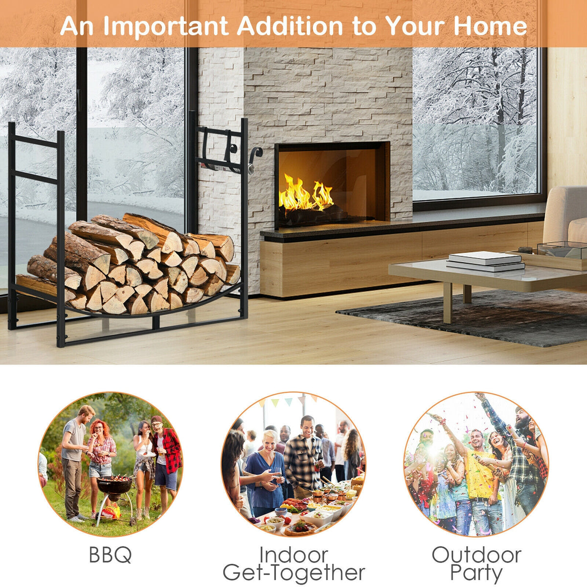 33 Inch Firewood Rack with Removable Kindling Holder Steel Fireplace