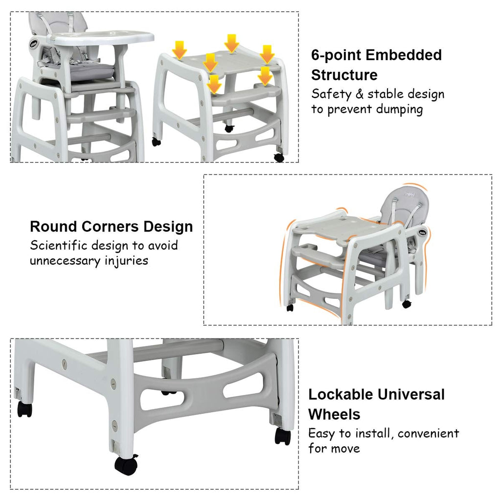 Gray 3-in-1 Baby High Chair with Lockable Wheels, Adjustable Tray & Safety Restraint