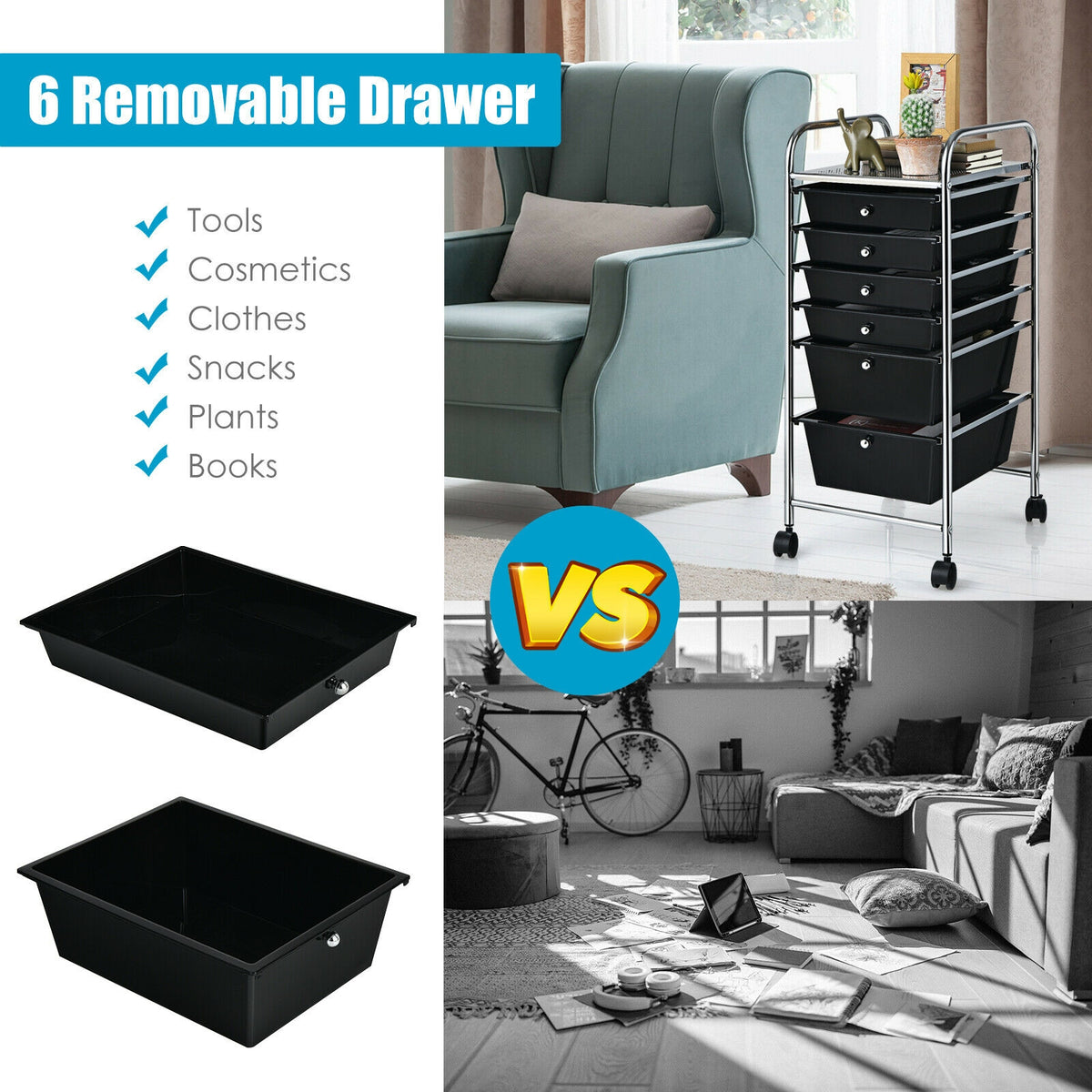 6-Drawer Rolling Storage Cart Organizer - Black