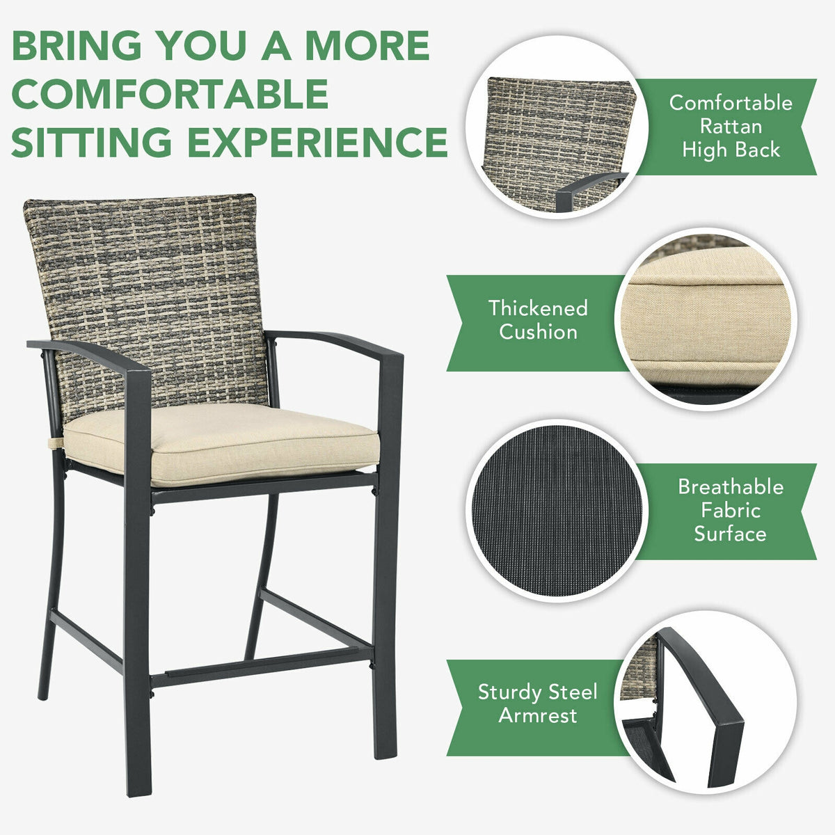 3 Pieces Rattan Bar Furniture Set with Slat Table and 2 Cushioned