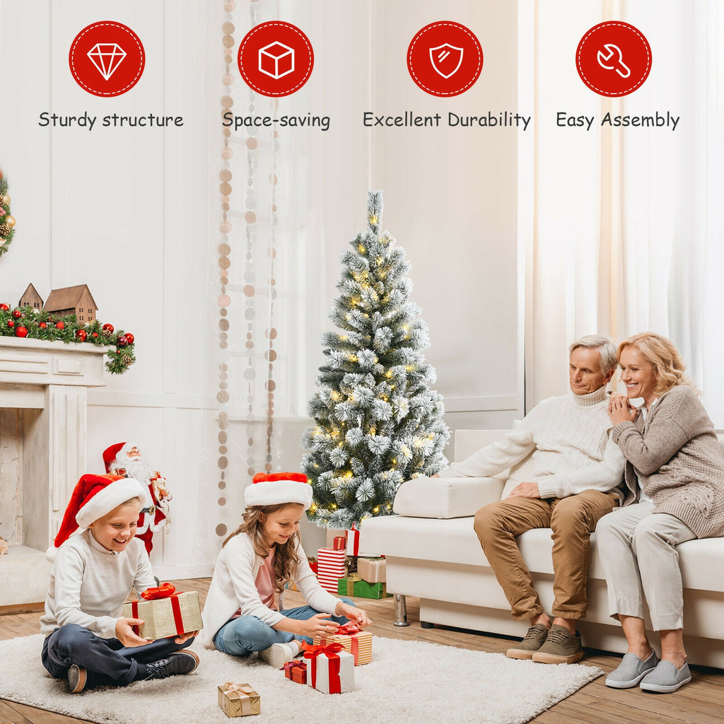5/6/7.5/8 Feet Pre-lit Snow Flocked Christmas Tree with 9 Lighting Modes - Foldable & Sturdy Stand