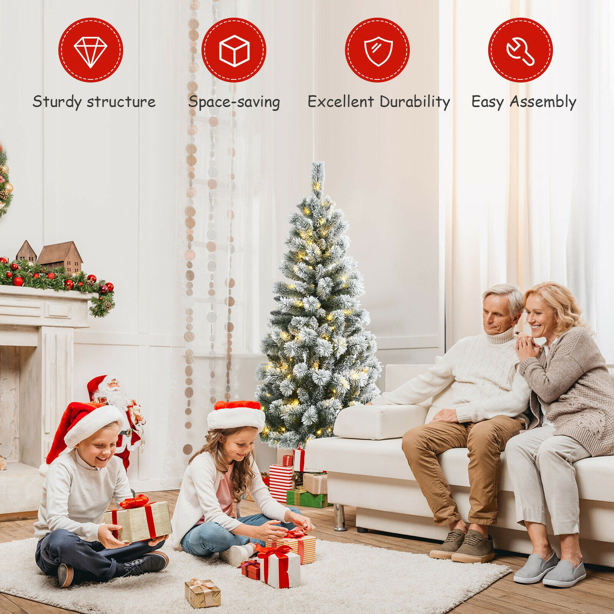 5/6/7.5/8 Feet Pre-lit Snow Flocked Christmas Tree with 9 Lighting Modes - Foldable & Sturdy Stand
