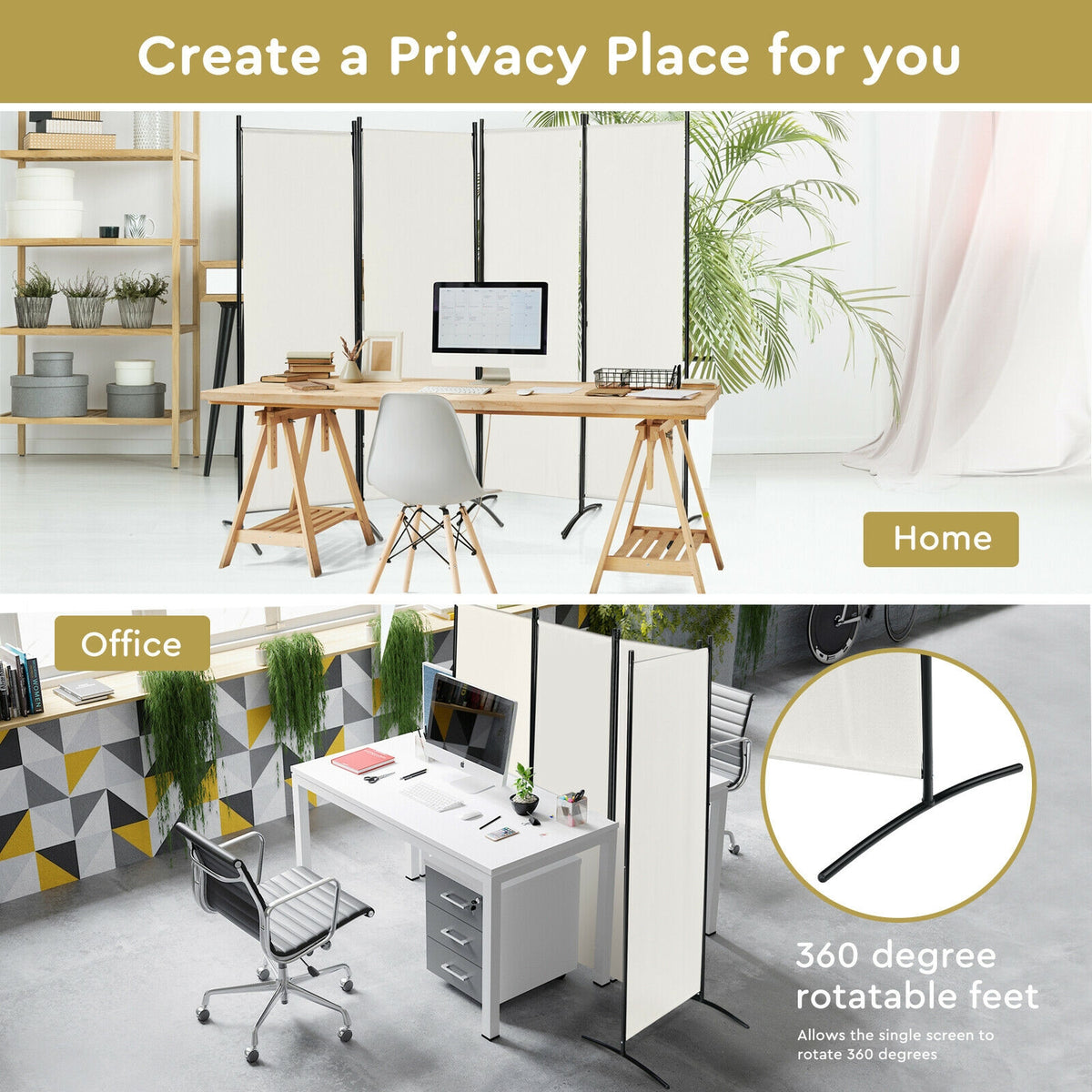 4-Panel Room Divider with Steel Frame - 5.6 Feet, White, Indoor & Outdoor Privacy Screen - Costway