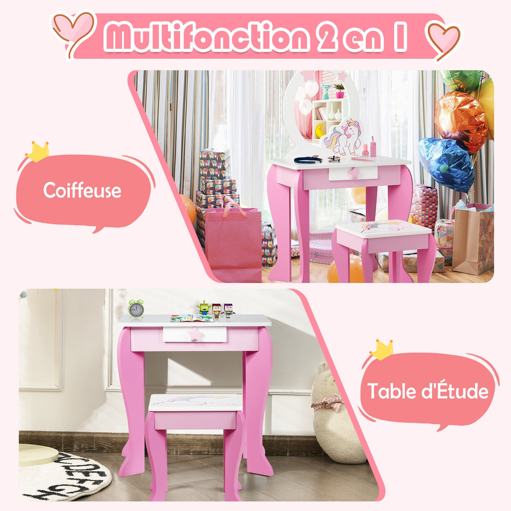Kids Vanity Set Makeup Dressing Table and Chair with Mirror & Drawer - Pink