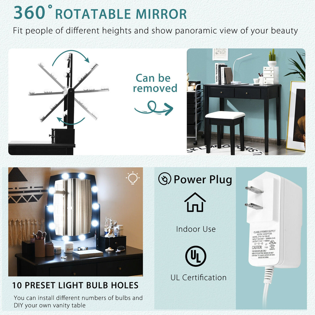Vanity Table Set with Lighted Mirror, Black