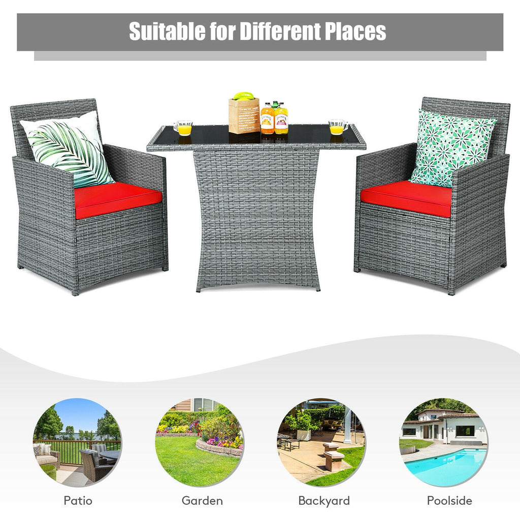 3-Piece Patio Rattan Furniture Set with Sofa - Red