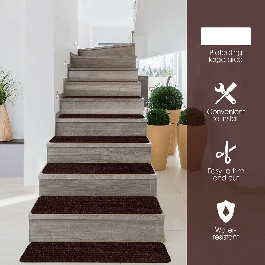 Brown Non-Slip Stair Treads Carpet Set - 15 Pieces, 30 x 8 Inch, Reusable & Waterproof