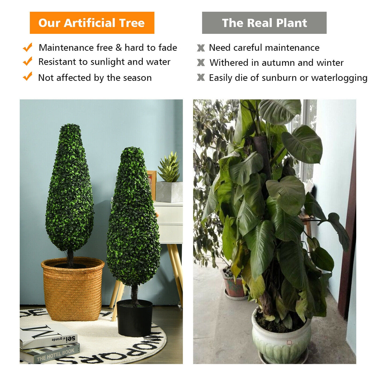 UV Resistant Artificial Topiary Tree - 3 Feet Tower Indoor Outdoor Set of 2