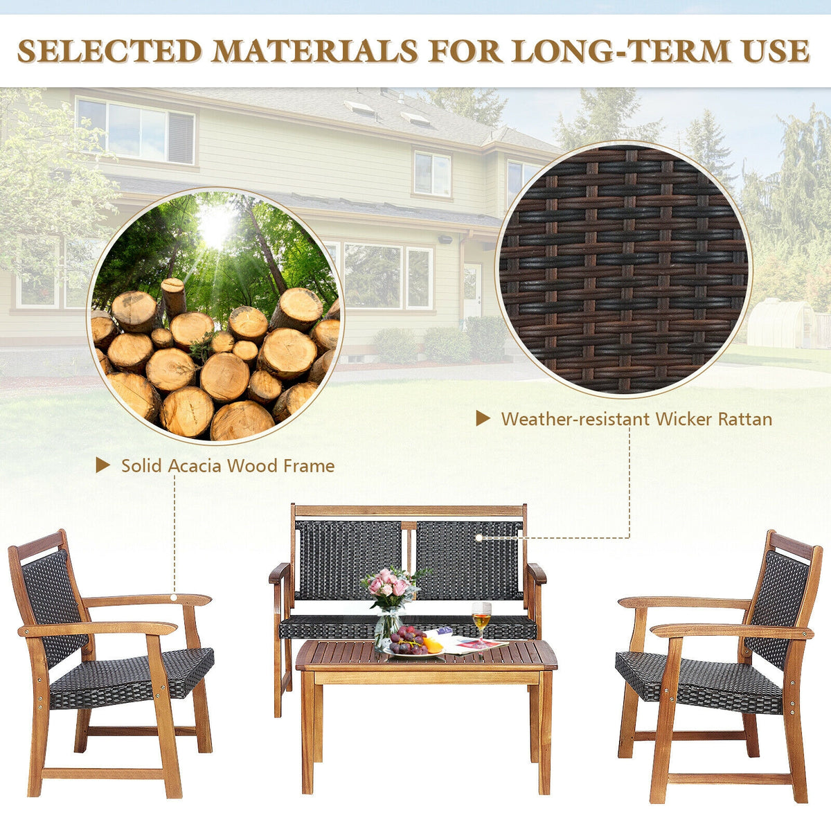 4 Pieces Outdoor Patio Rattan Furniture Sofa Set with Acacia Wood