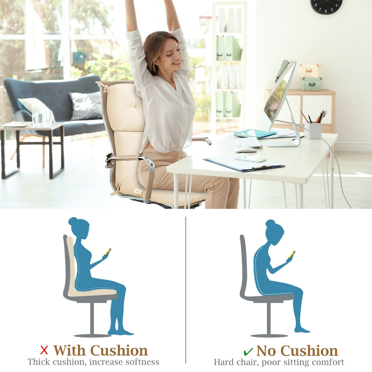 High Back Chair Cushion with Non-Slip Ties - Beige