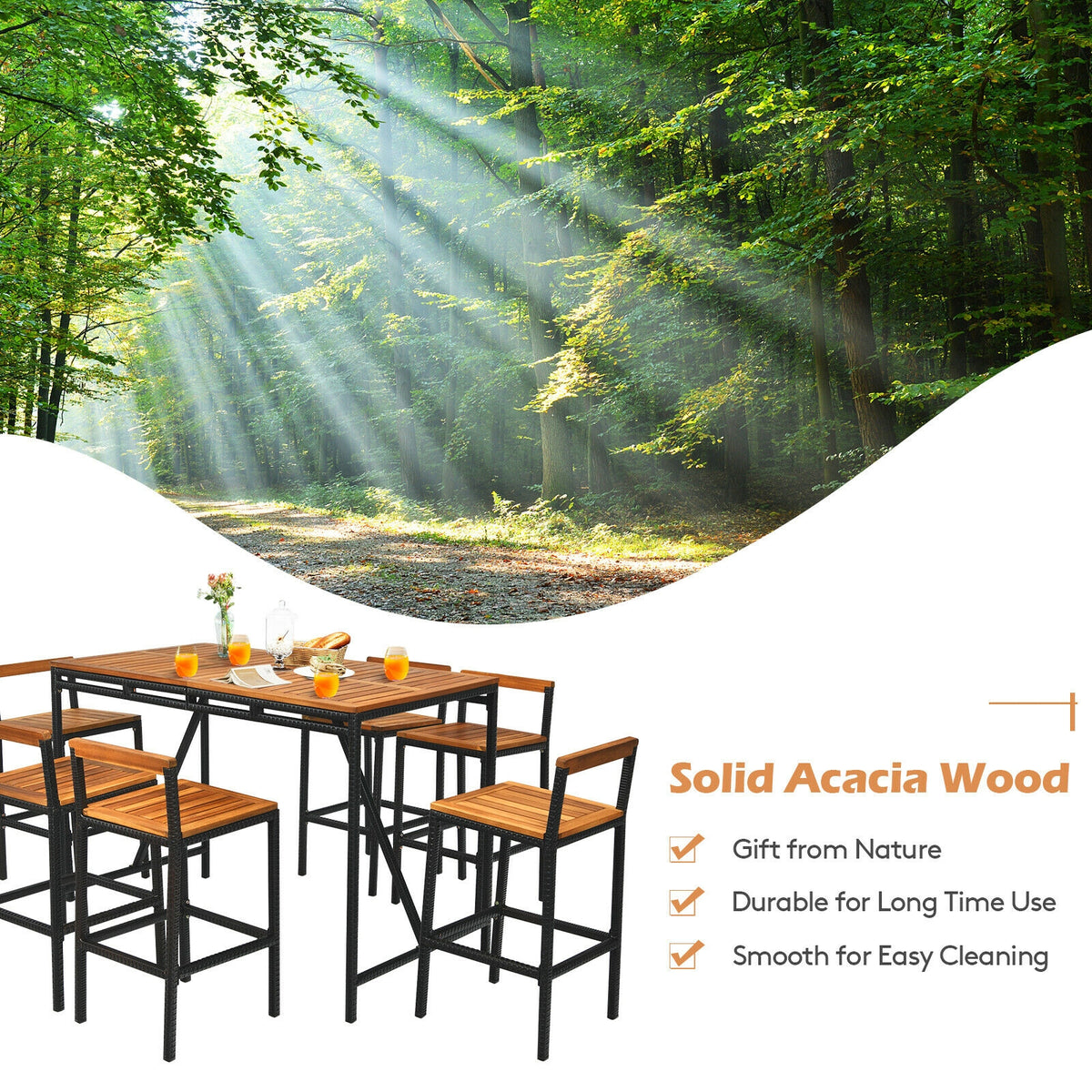 7 Pieces Acacia Wood Patio Rattan Bar Set with Umbrella Hole