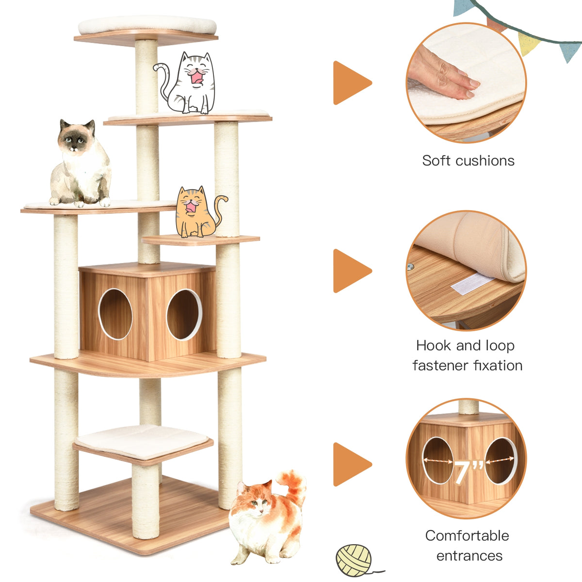 7-Layer Wooden Cat Tree Tower with Sisal Posts & Condo - Natural Finish