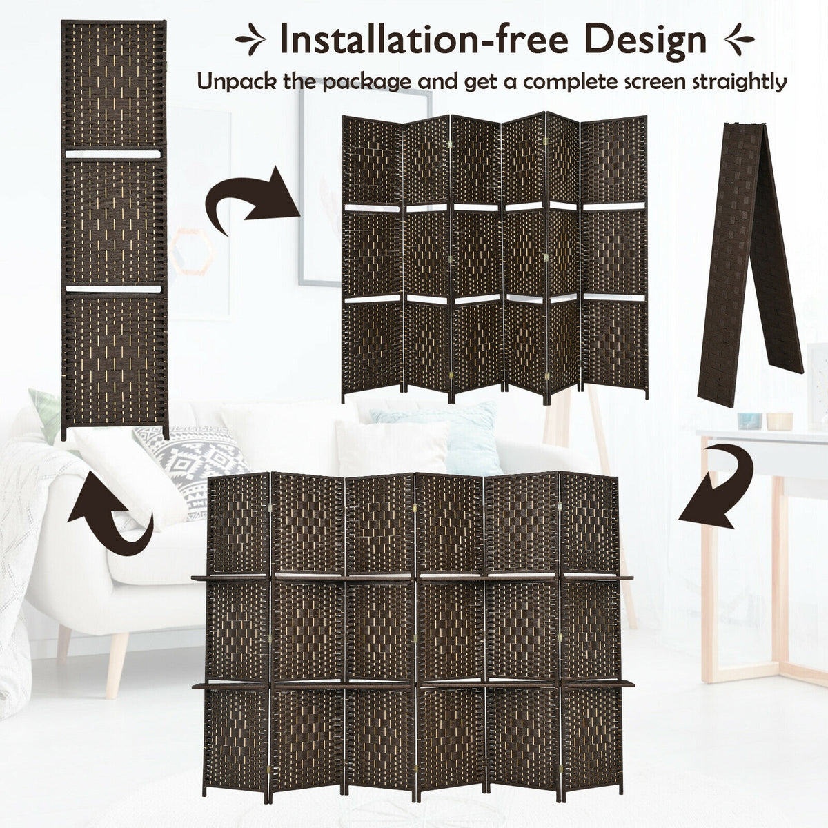 Brown 6-Panel Folding Fiber Room Divider with 2 Display Shelves - Natural Home Decor
