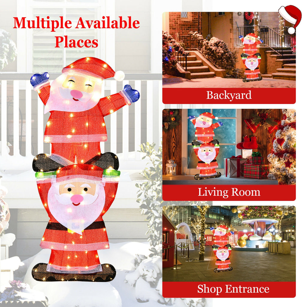 Metal Frame Double Santa LED Yard Decoration with String Lights & Stakes - Christmas Outdoor Decor