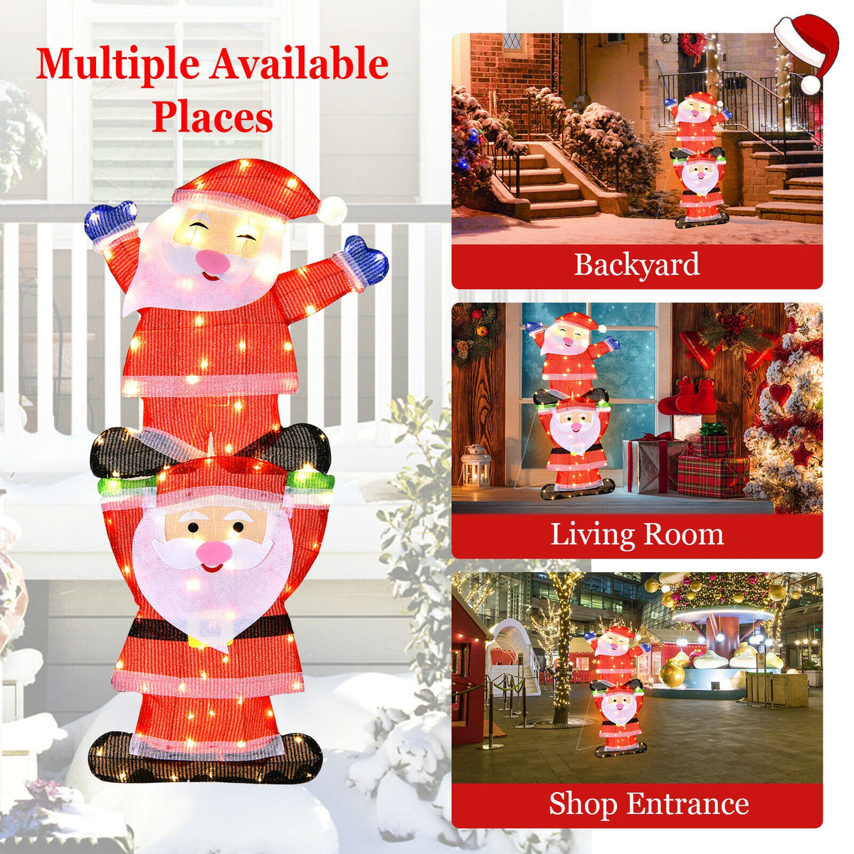 Metal Frame Double Santa LED Yard Decoration with String Lights & Stakes - Christmas Outdoor Decor