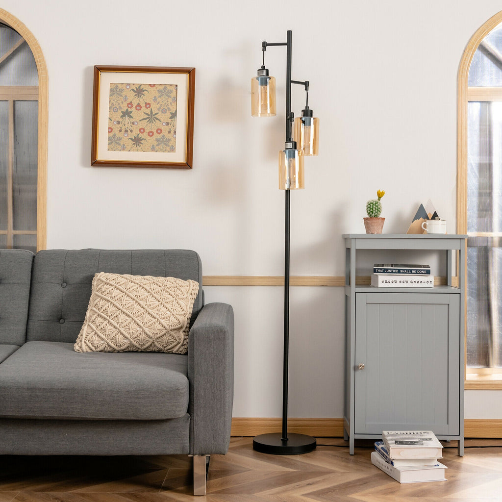 Retro Floor Lamp with 3-Head Hanging Amber Glass Shade - Stable Iron Base, Foot Switch