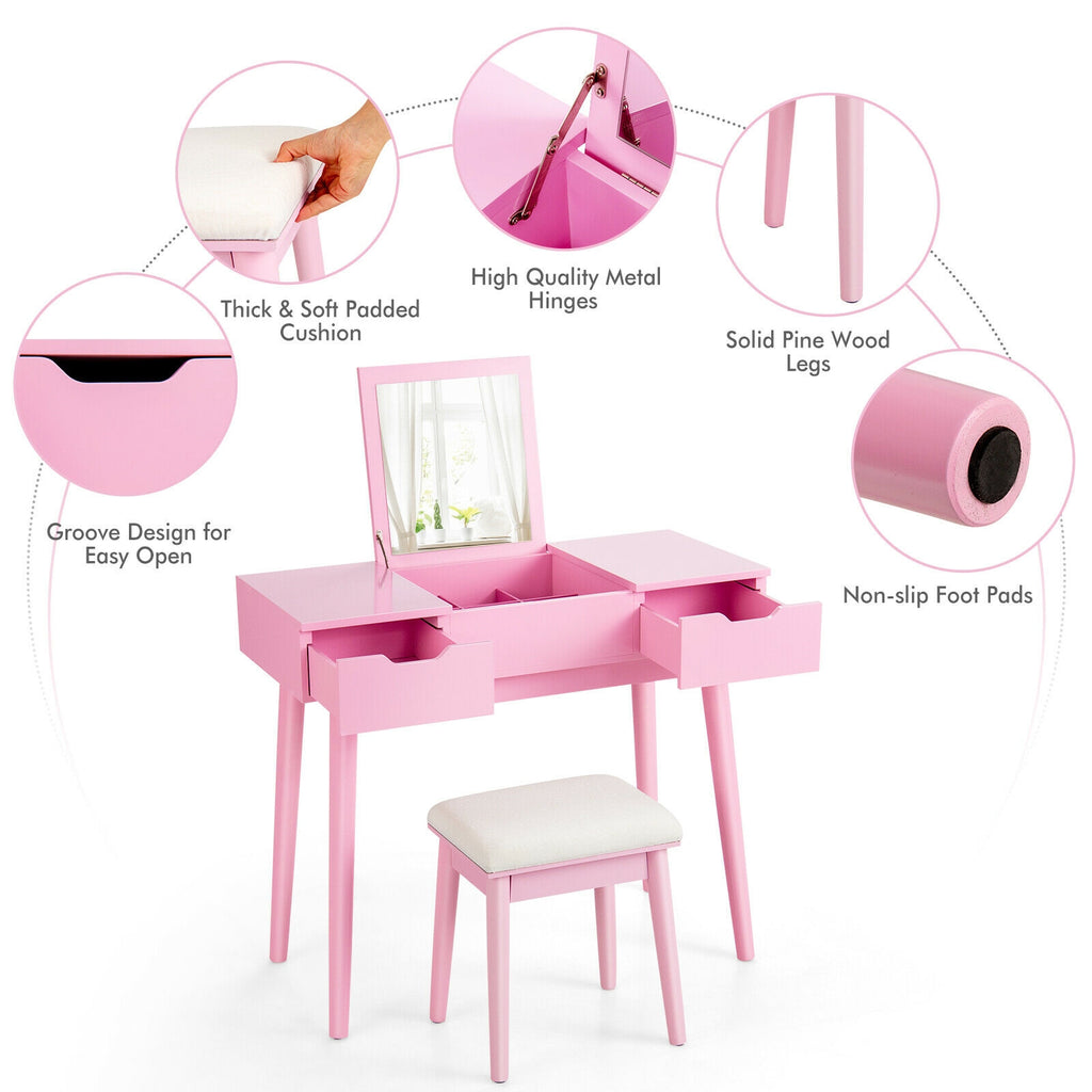 Makeup Vanity Table with Flip Top Mirror and 2 Drawers, Pink