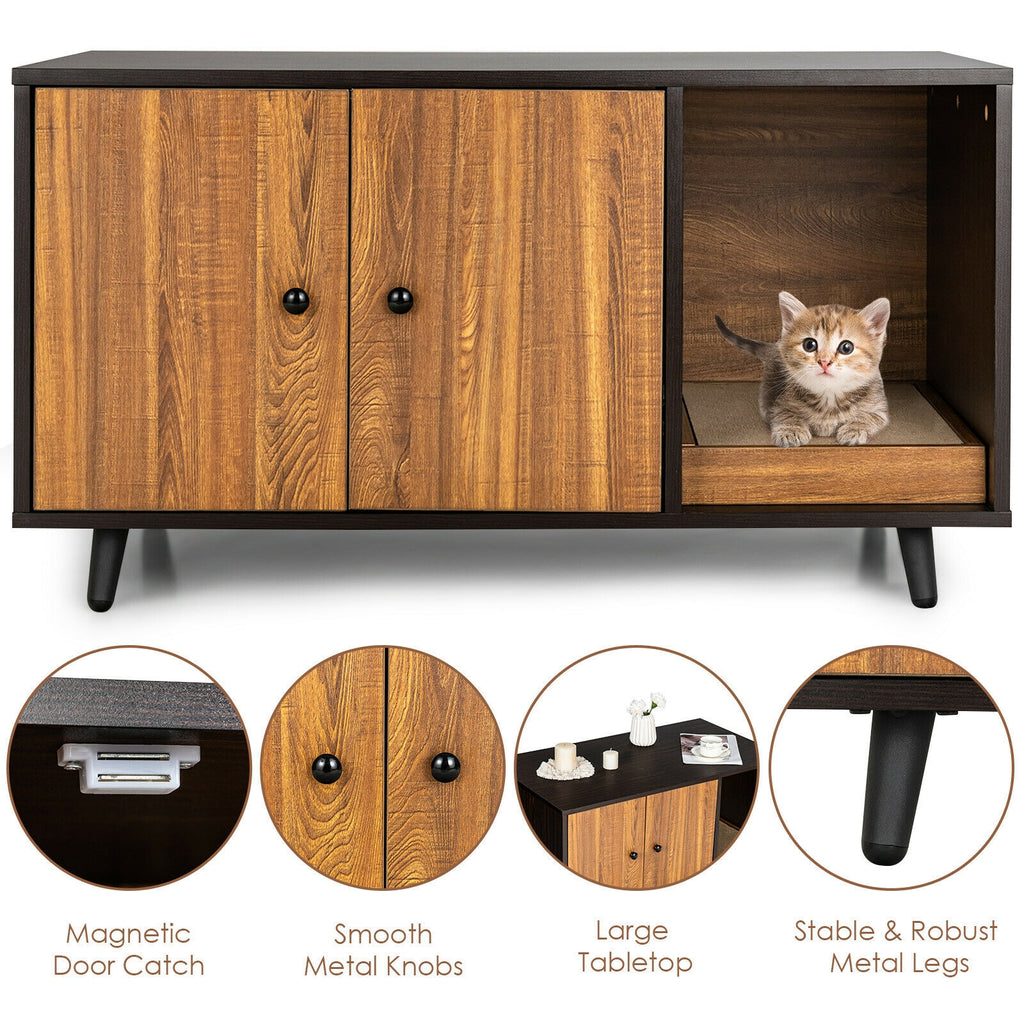 Cat Litter Box Enclosure with Divider and Double Doors - Brown, Costway