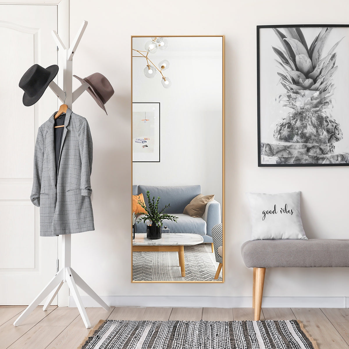 59 Inch Full Length Rectangle Mirror - Large Bedroom Mirror with Golden Frame