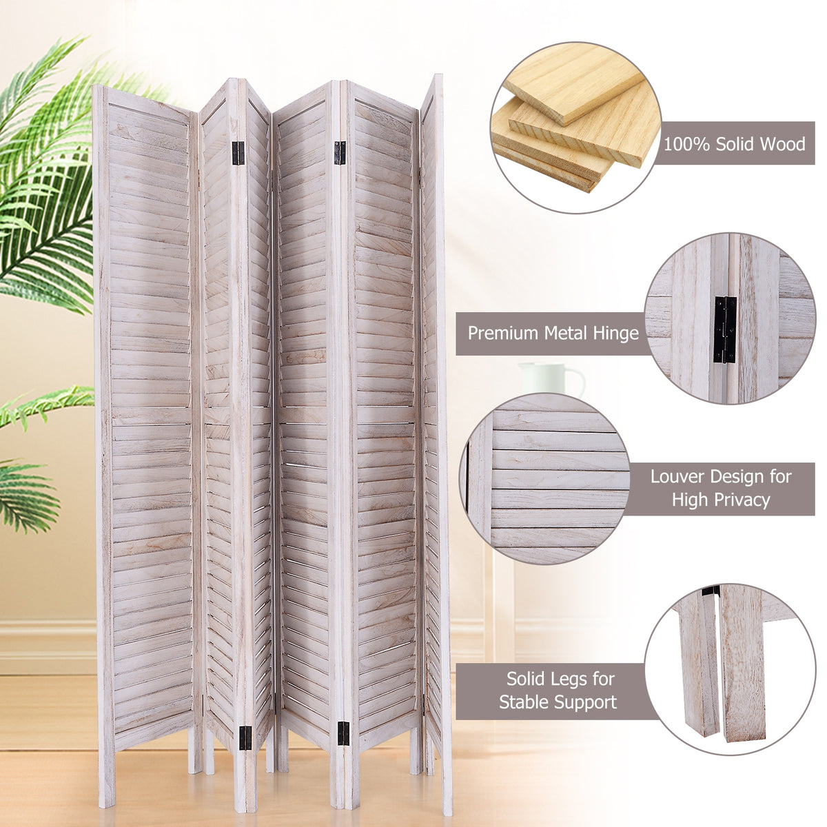 White 6-Panel Classic Venetian Wooden Room Divider Screen - Costway