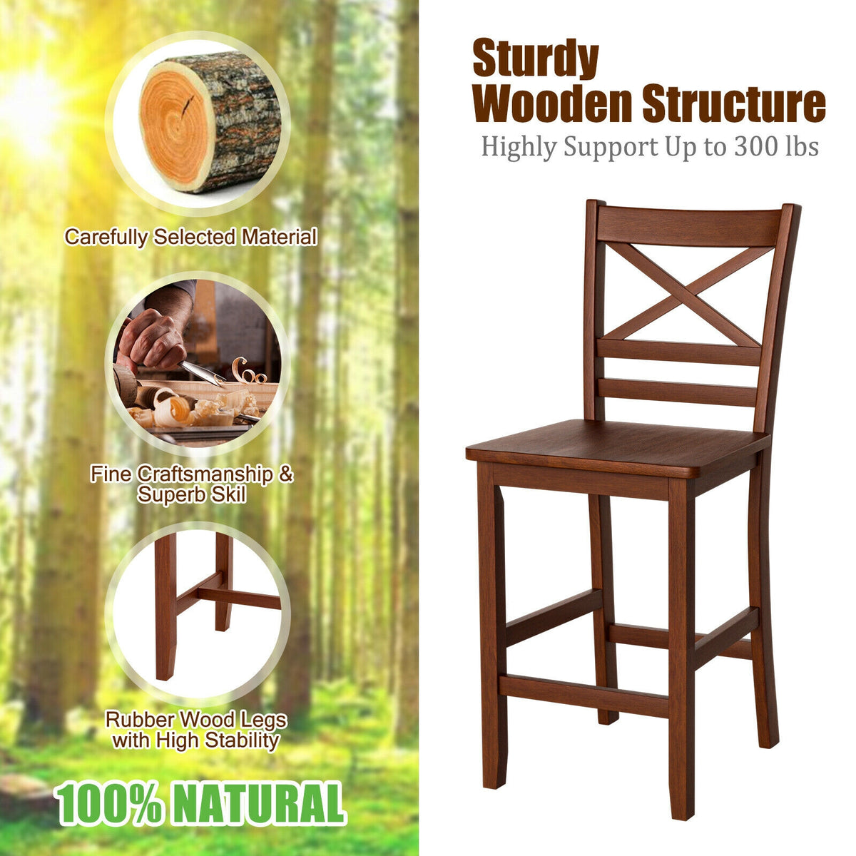 Set of 2 Counter Height Bar Stools 25 Inch - No PU Leather
