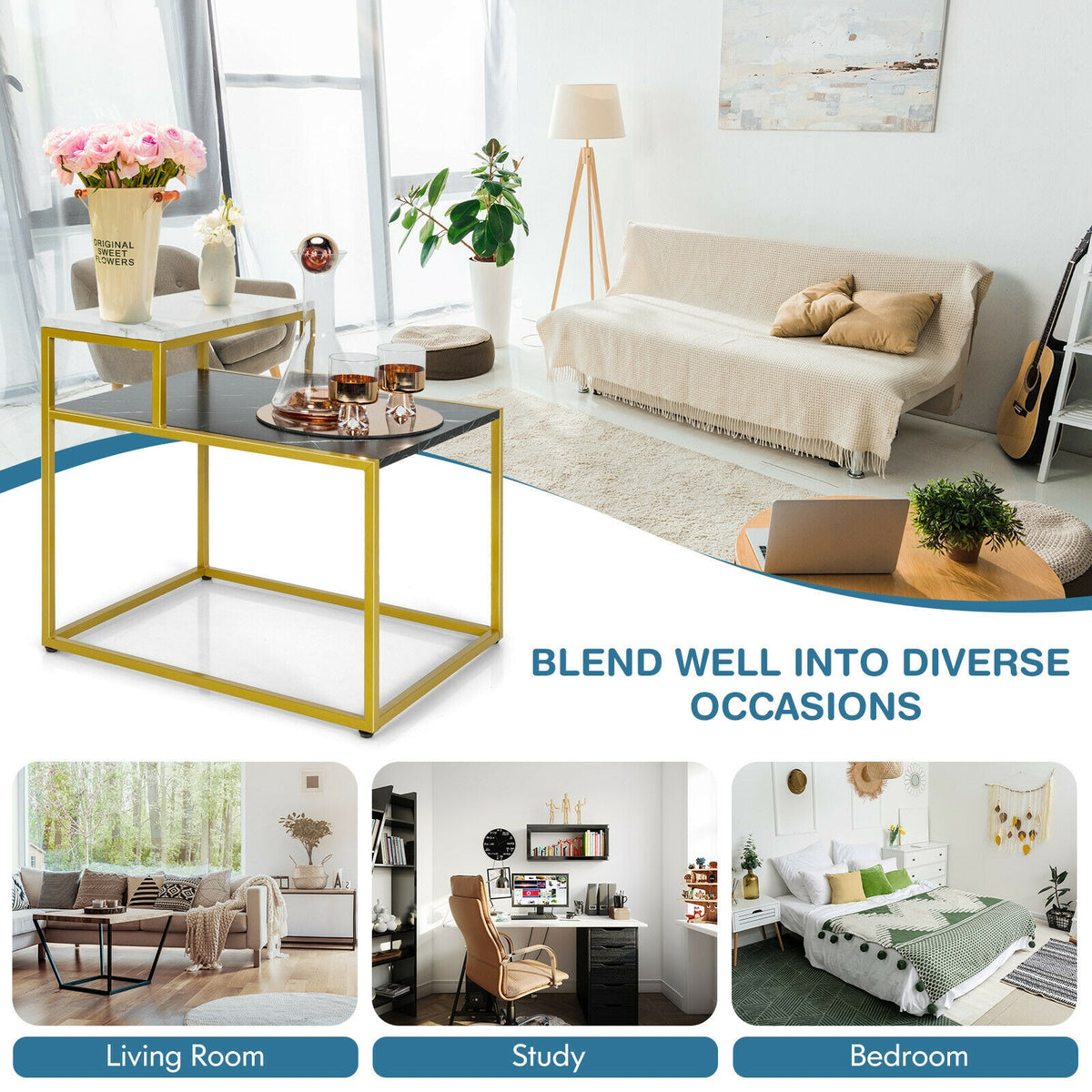 2-Tier Side Table with Marble Finish & Metal Frame – White