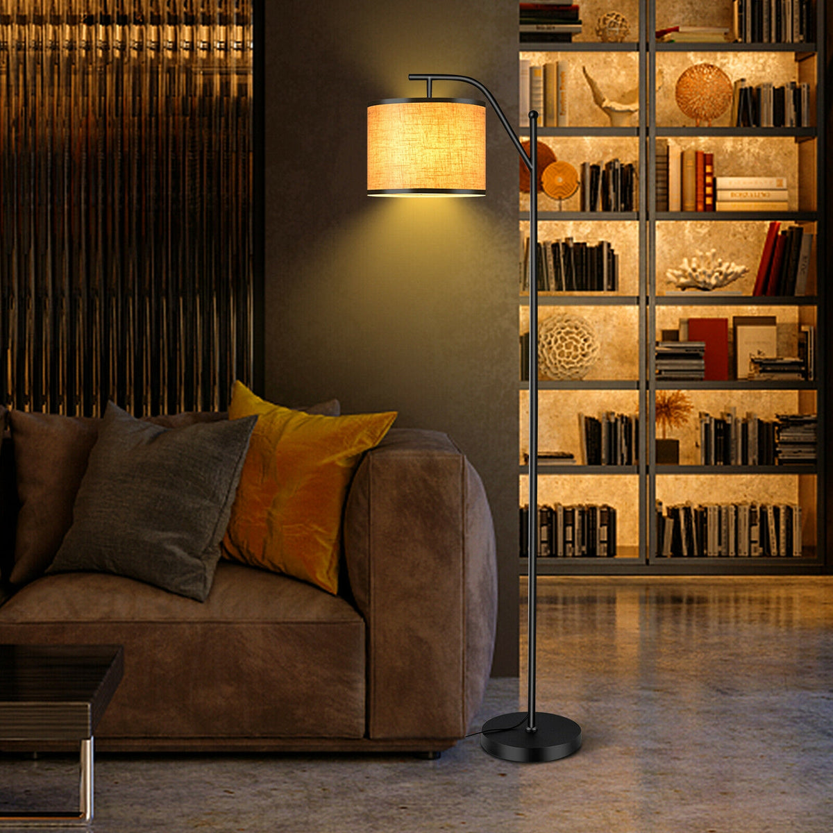 Standing Floor Lamp with Adjustable Head for Living Room & Bedroom - Modern Black & Beige