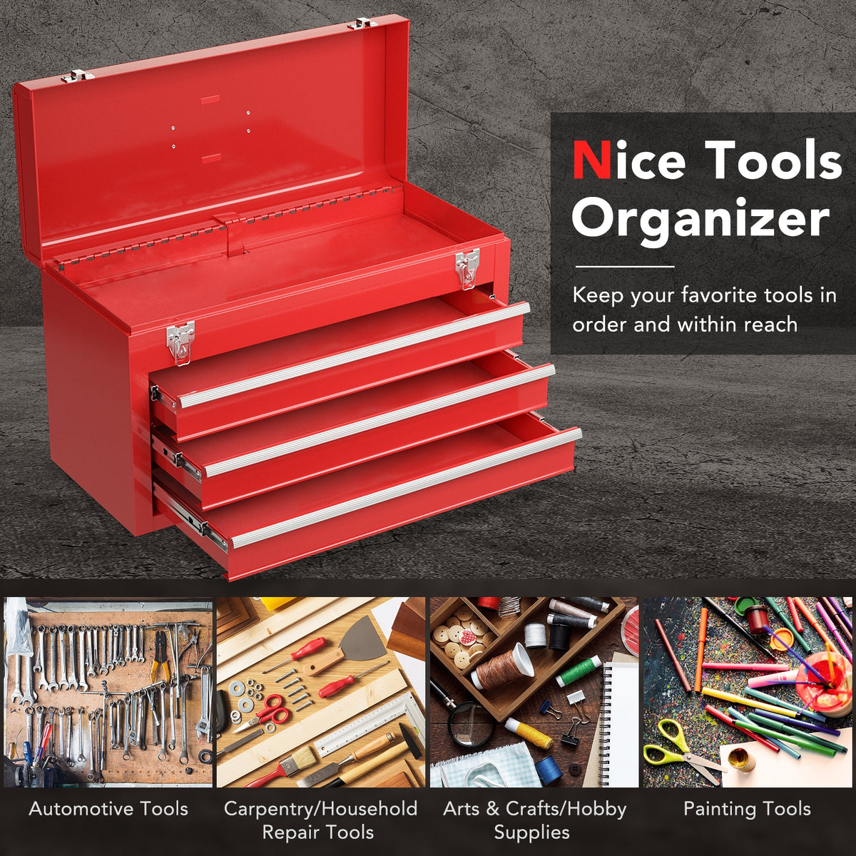 Tool Cabinet Box with 3 Drawers - Red